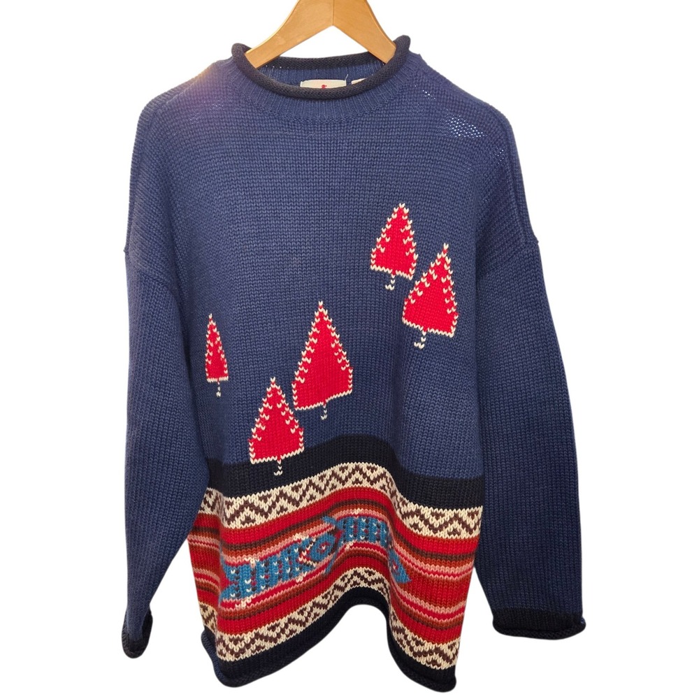 Crazy Horse L Southwestern Sweater Navy Red Geometric Western 90s Knit